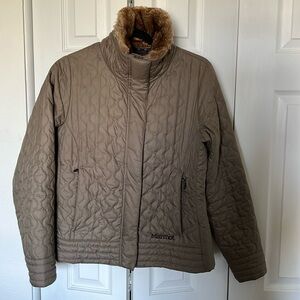 Marmot St. Moritz Quilted Jacket Womens Medium Faux Fur Collar - Olive
